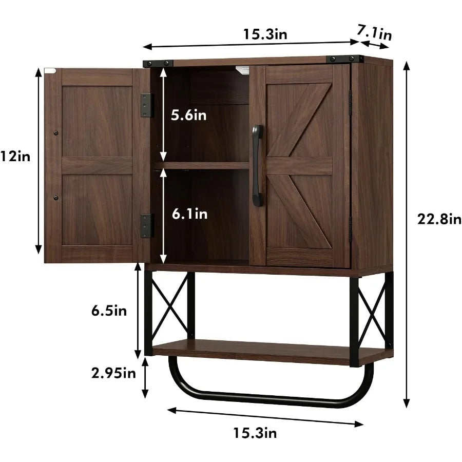 Farmhouse Rustic Medicine Cabinet With Two Barn Doors,Wood, Wall Mounted With Adjustable Shelf And Towel Bar