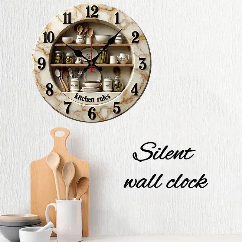 2D Flat Kitchen Rules Design, Wooden Round Silent Hanging Wall Clock,For Living Room,Office,Study Room,Bedroom, Home Decoration