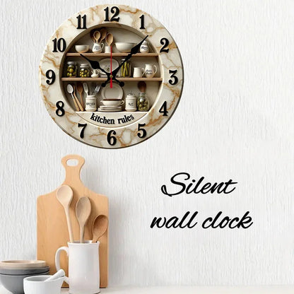 2D Flat Kitchen Rules Design, Wooden Round Silent Hanging Wall Clock,For Living Room,Office,Study Room,Bedroom, Home Decoration