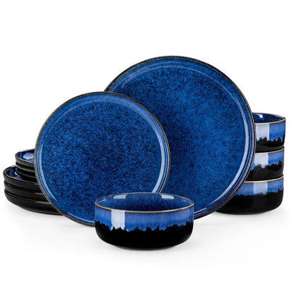 2/24 PCS Starry Blue Reactive Glaze Stoneware Dinnerware Sets, Ceramic Plates Set with 4 pcs Dinner Plate/Dessert/Bowl
