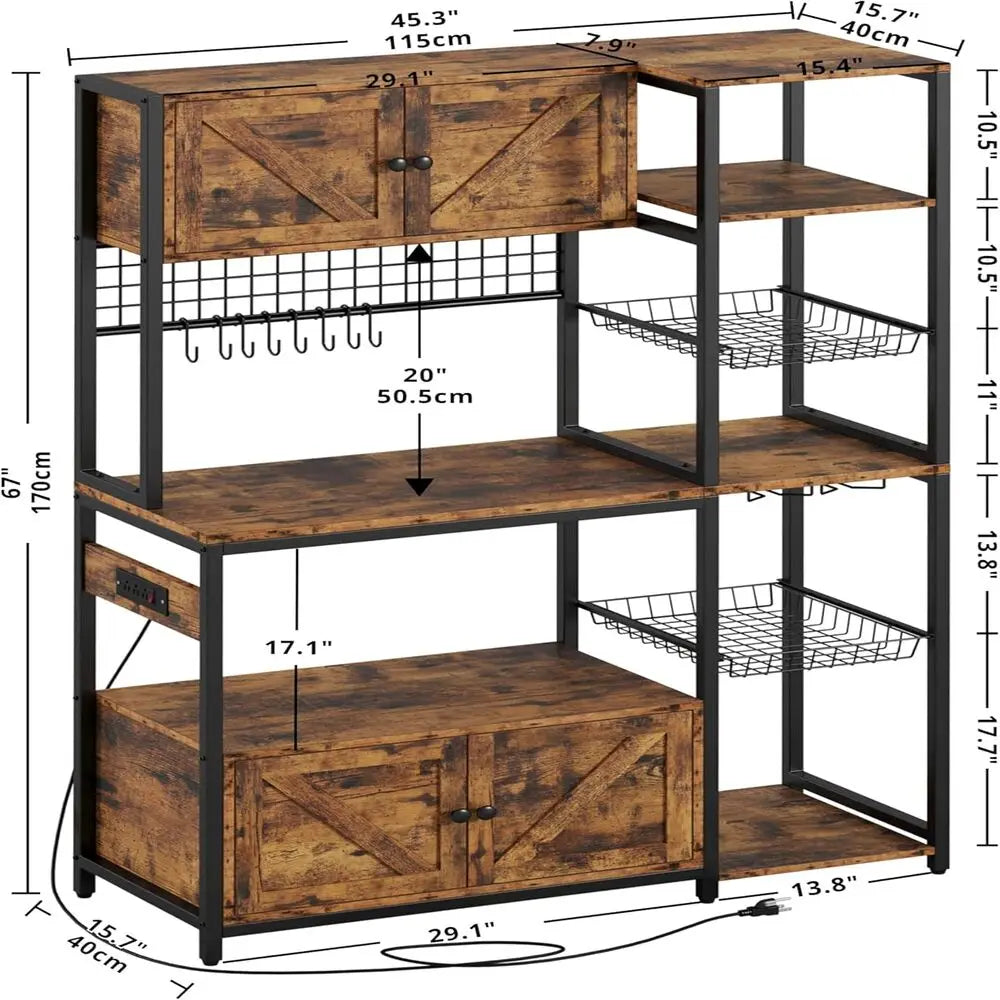 Bakers Rack with 2 Storage Cabinets and Power Outlet, Microwave Stand , Coffee Bar Cabinet