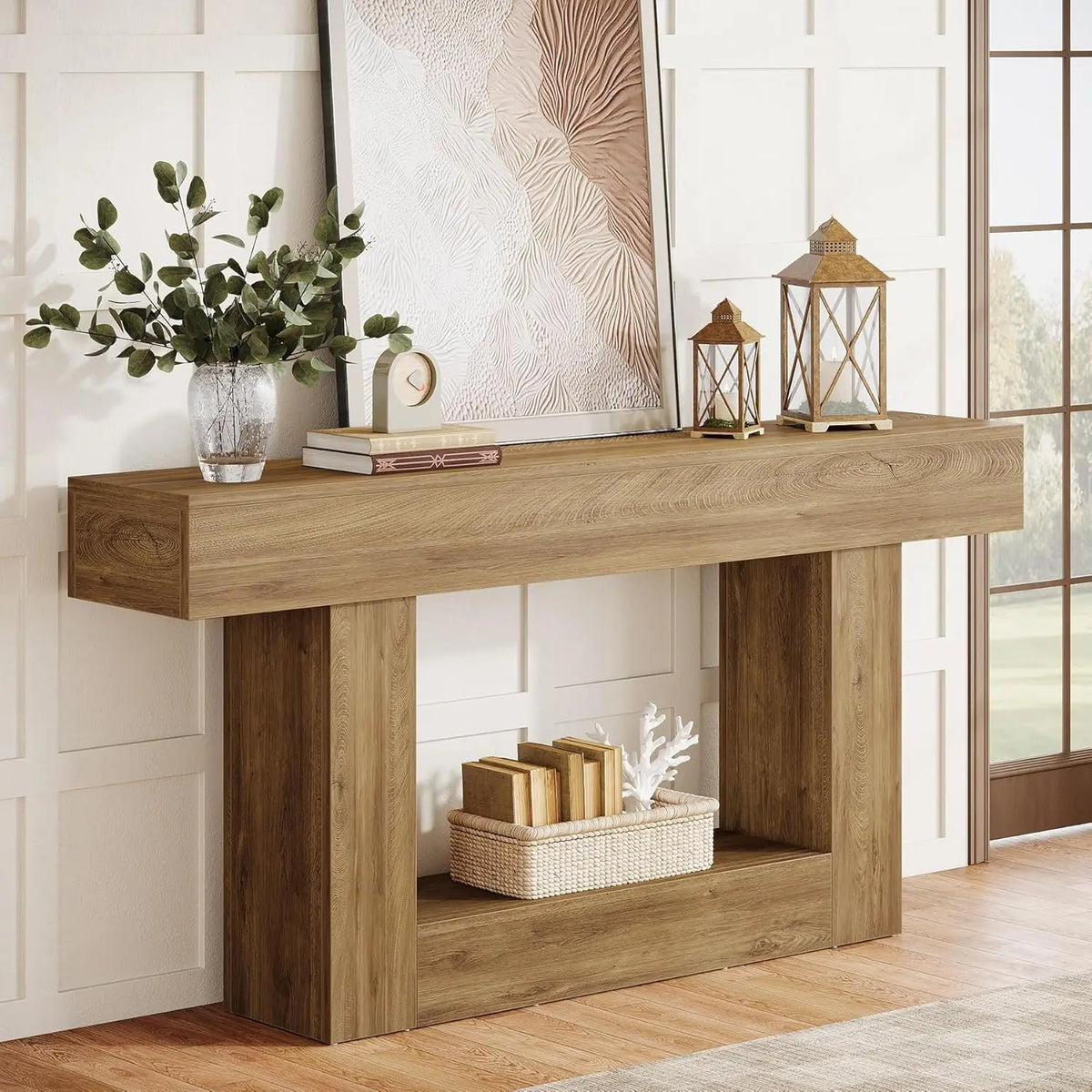 63" Console Table, Farmhouse 2-Tier Entryway Table with U-Shaped Base, Narrow Long Wood Sofa Table, Behind Couch Table