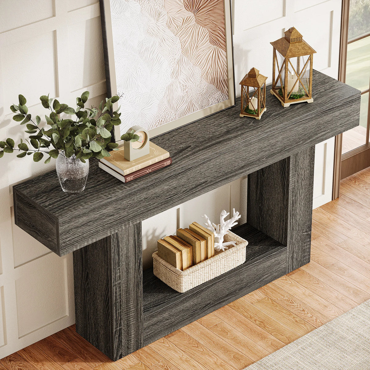 63" Console Table, Farmhouse 2-Tier Entryway Table with U-Shaped Base, Narrow Long Wood Sofa Table, Behind Couch Table