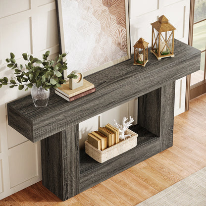 63" Console Table, Farmhouse 2-Tier Entryway Table with U-Shaped Base, Narrow Long Wood Sofa Table, Behind Couch Table