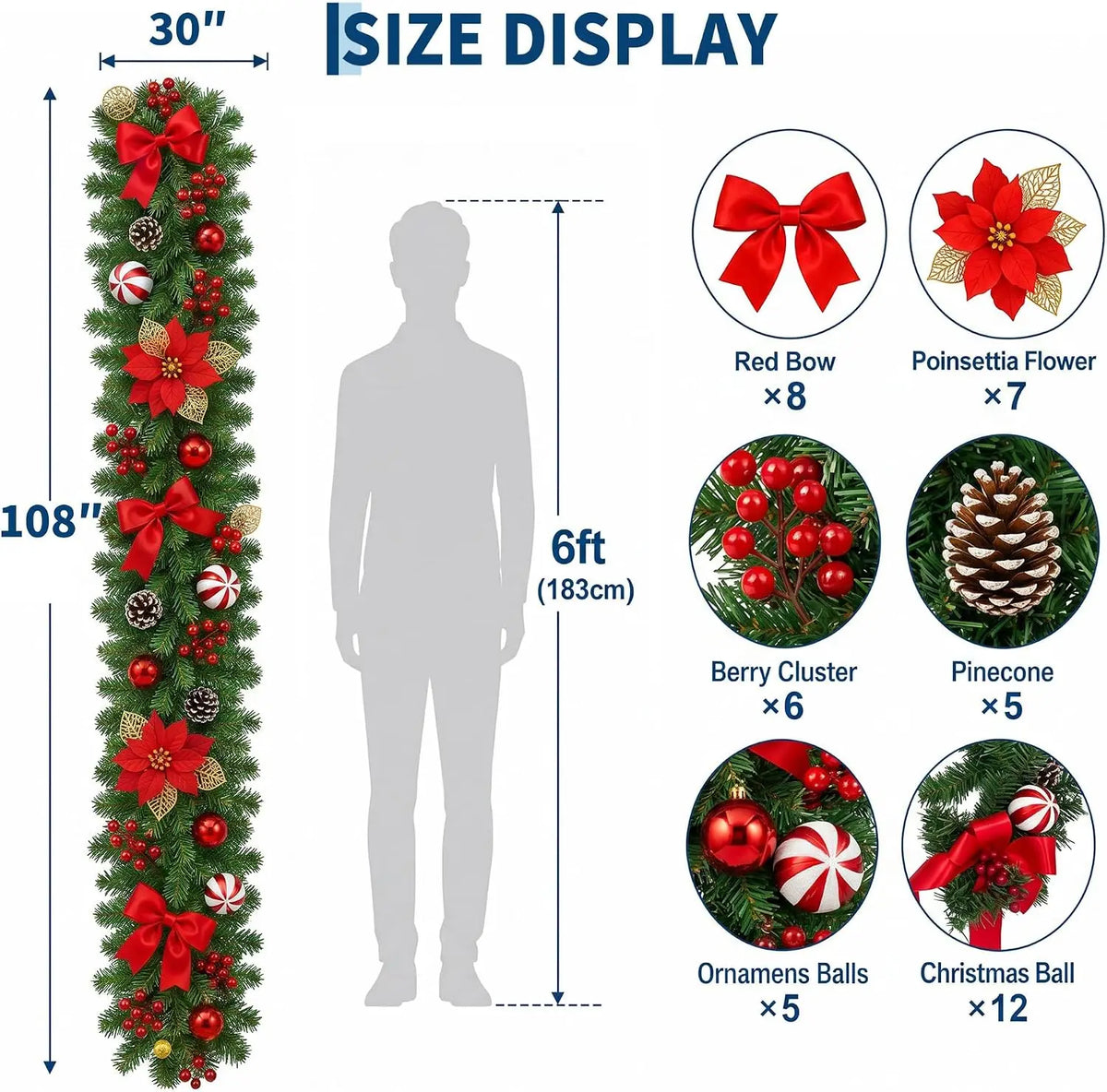 9 ft Christmas Garland with 40 LED Lights, 8 Lighting Modes and Timer, Garland Wreaths Decoration Outdoor Yard Pine Tree Rattan Hanging Ornament
