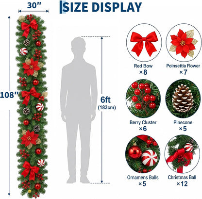 9 ft Christmas Garland with 40 LED Lights, 8 Lighting Modes and Timer, Garland Wreaths Decoration Outdoor Yard Pine Tree Rattan Hanging Ornament