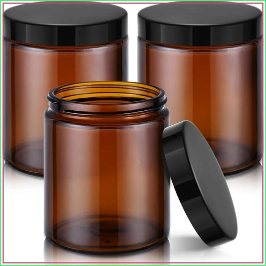 8oz Amber Glass Jars with Lids, 3 Pack with Blank Labels, Containers for Sample, Cream, Lotion, Honey, Powder, Jelly