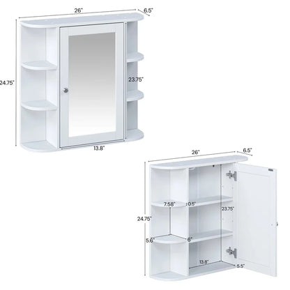 White Bathroom Wall Cabinet with Mirror, Adjustable Shelf, 6 Open Shelves, with Doors
