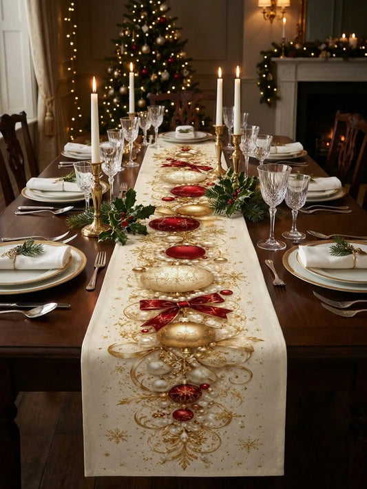 1pc Christmas Gold & Red Bow & Christmas Ball Print Table Runner, Cream White Linen-Feel Dining Table Cloth With Snowflake & Pearl Decorative Pattern