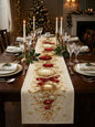 1pc Christmas Gold & Red Bow & Christmas Ball Print Table Runner, Cream White Linen-Feel Dining Table Cloth With Snowflake & Pearl Decorative Pattern