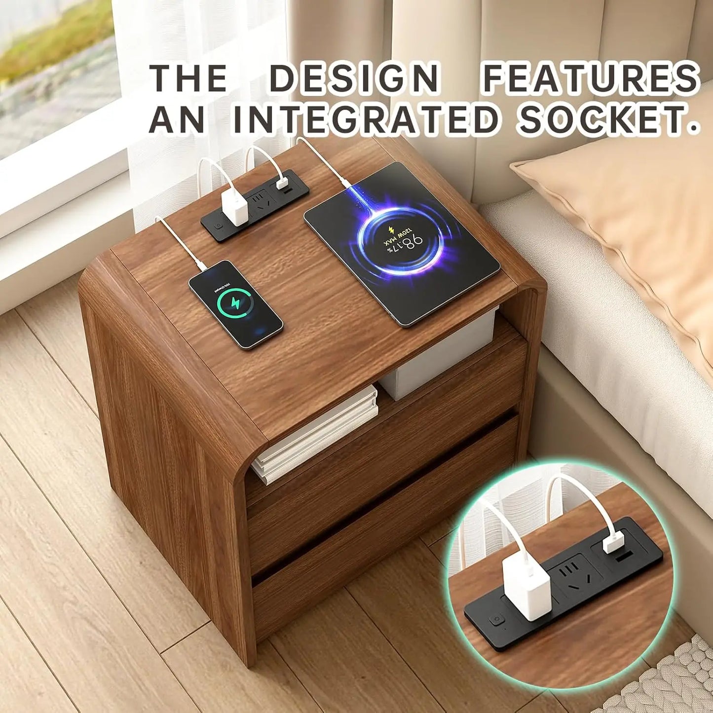 23.6" Walnut Nightstand with Charging Station, Mid Century Modern