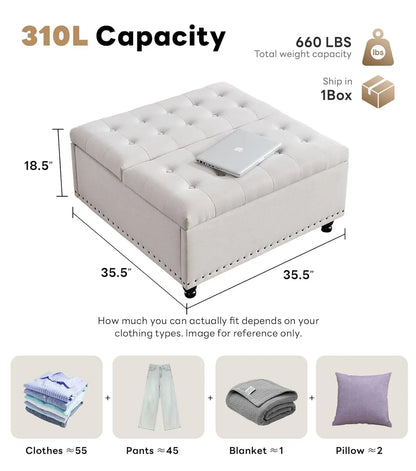 Large Square Storage Ottoman Bench, or coffee Table with Lift Top & Solid Wood Legs