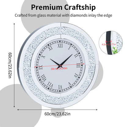 Silver/Tawny Tinted Round Mirror Clock, Crystal Bling Crush Diamond