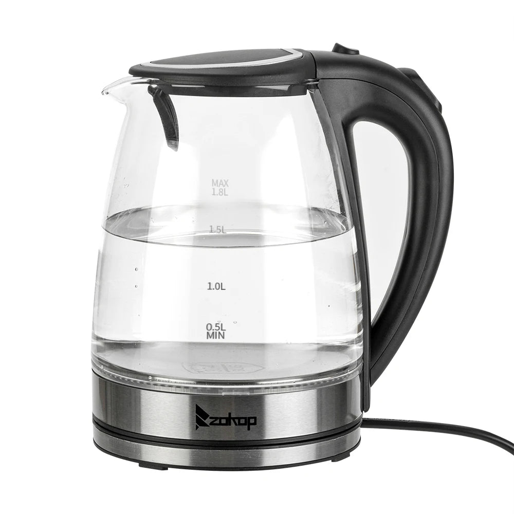 110V 1200W 1.8L Electric Glass Kettle, US Plug, Borosilicate Glass, Blue LED Auto Shut Off 360 Rotation Base