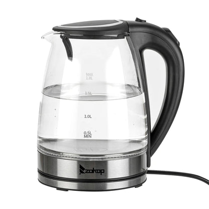 110V 1200W 1.8L Electric Glass Kettle, US Plug, Borosilicate Glass, Blue LED Auto Shut Off 360 Rotation Base