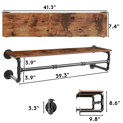 Industrial Pipe Clothing Rack, Wall Mounted Wood Shelf, Pipe Shelving