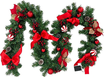 9 ft Christmas Garland with 40 LED Lights, 8 Lighting Modes and Timer, Garland Wreaths Decoration Outdoor Yard Pine Tree Rattan Hanging Ornament