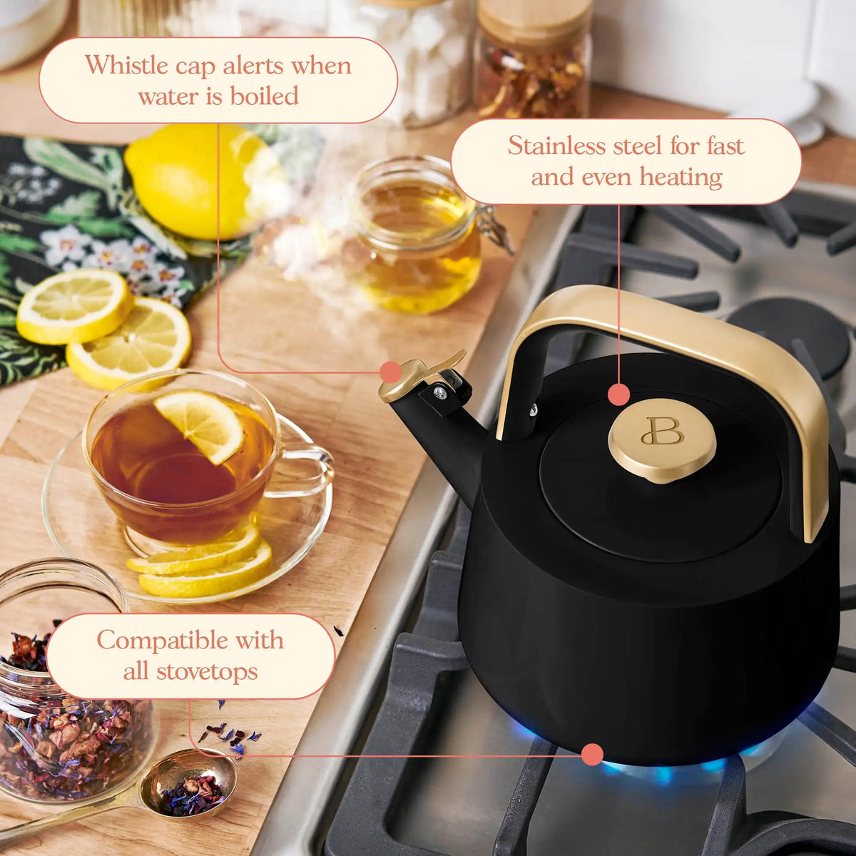 Beautiful 1.8L Ceramic Non-Stick Stovetop Tea Kettle, Sage Green by Drew Barrymore
