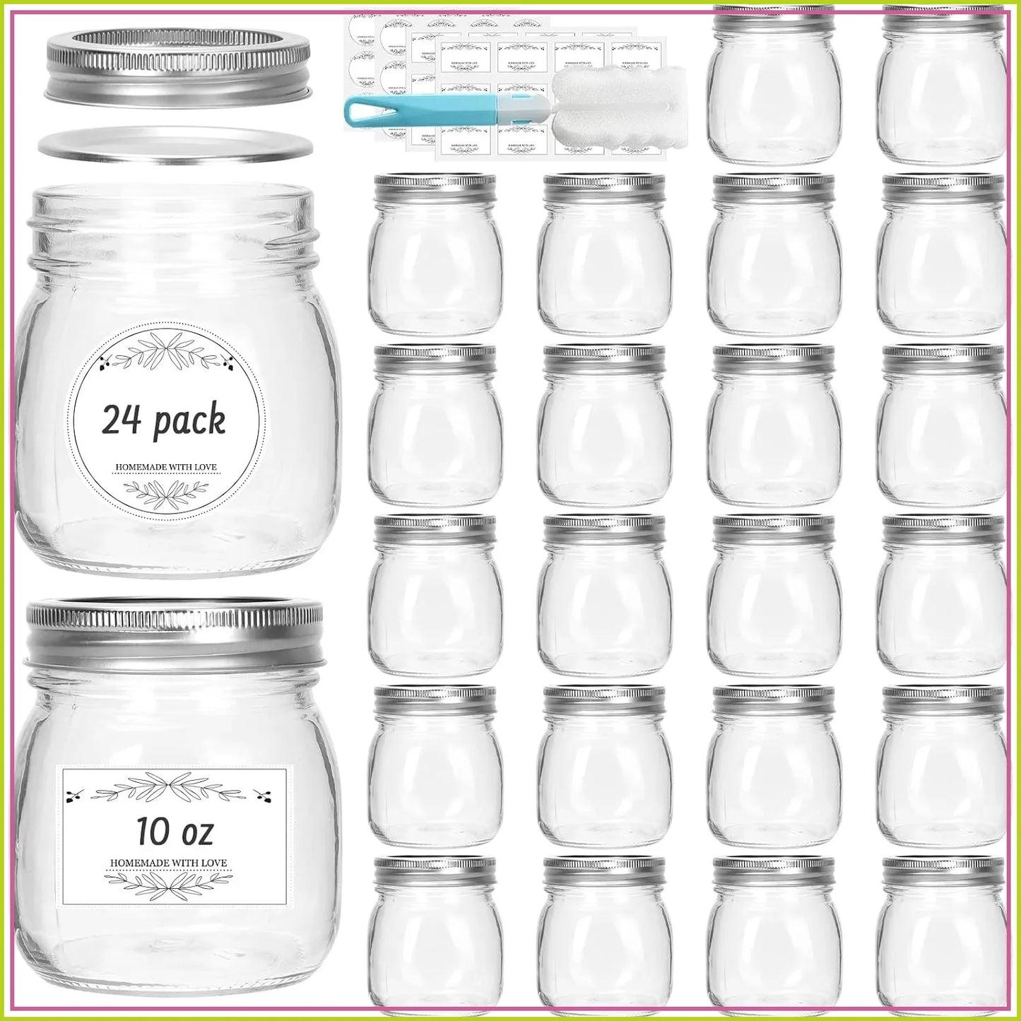 10 oz Glass Mason Jars, 24 Pack Regular Mouth with Silver Lids & Bands