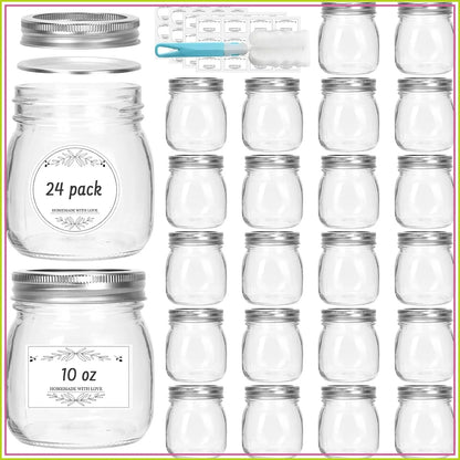 10 oz Glass Mason Jars, 24 Pack Regular Mouth with Silver Lids & Bands