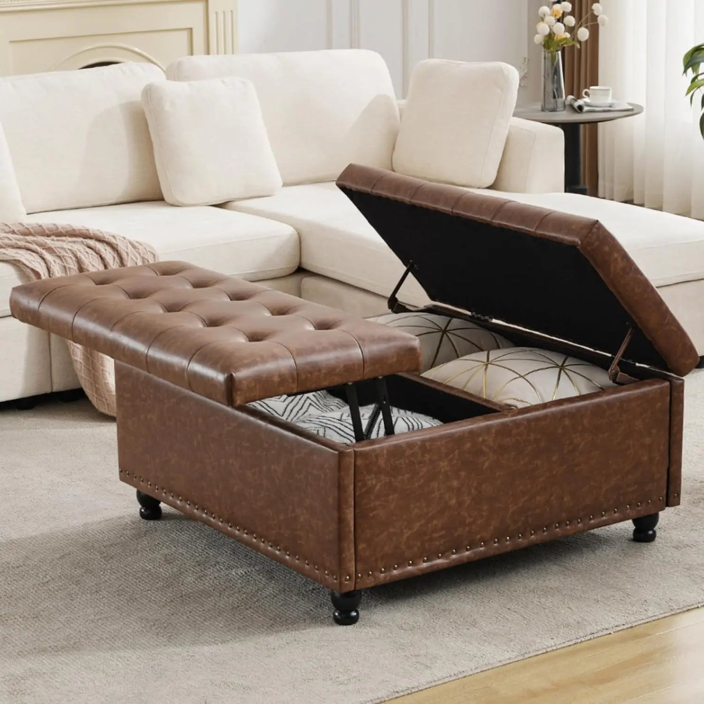 Large Square Storage Ottoman Bench, or coffee Table with Lift Top & Solid Wood Legs