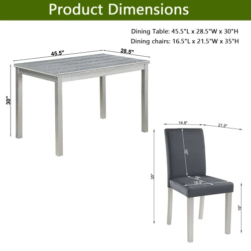 5-piece wooden dining table set with rectangular table and 4 cushioned chairs, decorated with crystal, silver gray