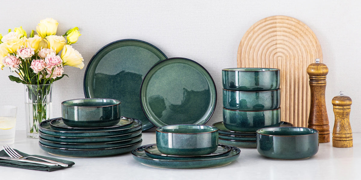 12/18 Piece Green Reactive Glaze Dinnerware Set, Scratch Resistant Stoneware Set with 4/6pcs Dinner Plate/Dessert/Bowl