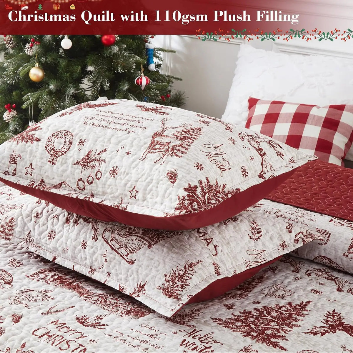 3 Piece Christmas Quilt Set, King Size Breathable Holiday Bedspread Coverlet, Winter Bedding Holiday Season, Bedroom Decor, Soft Breathable  For Xmas Decor QuiltX1,PillowcasesX2