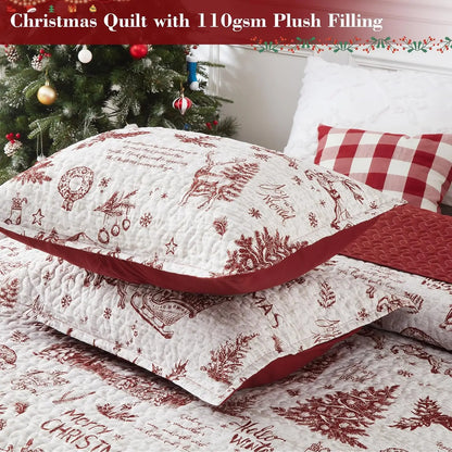 3 Piece Christmas Quilt Set, King Size Breathable Holiday Bedspread Coverlet, Winter Bedding Holiday Season, Bedroom Decor, Soft Breathable  For Xmas Decor QuiltX1,PillowcasesX2