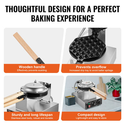 Commercial Egg Bubble Waffle Maker -1400W Non-Stick Stainless Steel w/180° Rotatable Device, 2 Pans & Wooden Handles