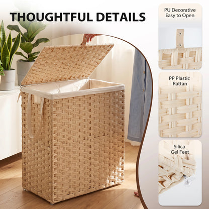 110L Laundry Basket with Lid, Foldable Wicker Laundry Hampers with Side Handles, Removable Liner, Rattan Laundry Basket with Sturdy Steel Frame