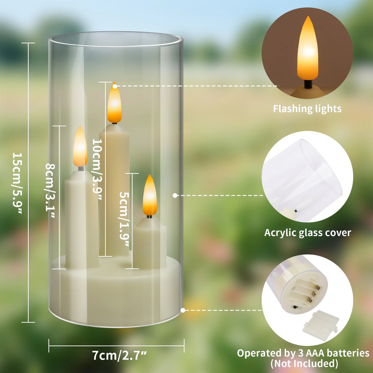 Flameless  Acrylic Short 3 in 1 Taper Candles, Warm Light Flickering Flameless Pillar, LED Electronic Tealight Battery Operated Decor