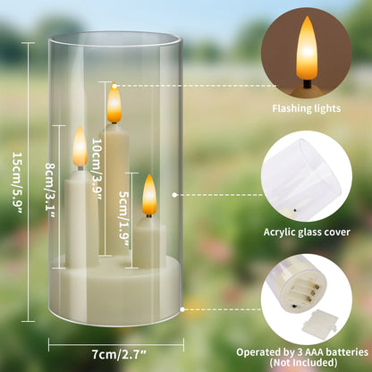 Flameless  Acrylic Short 3 in 1 Taper Candles, Warm Light Flickering Flameless Pillar, LED Electronic Tealight Battery Operated Decor