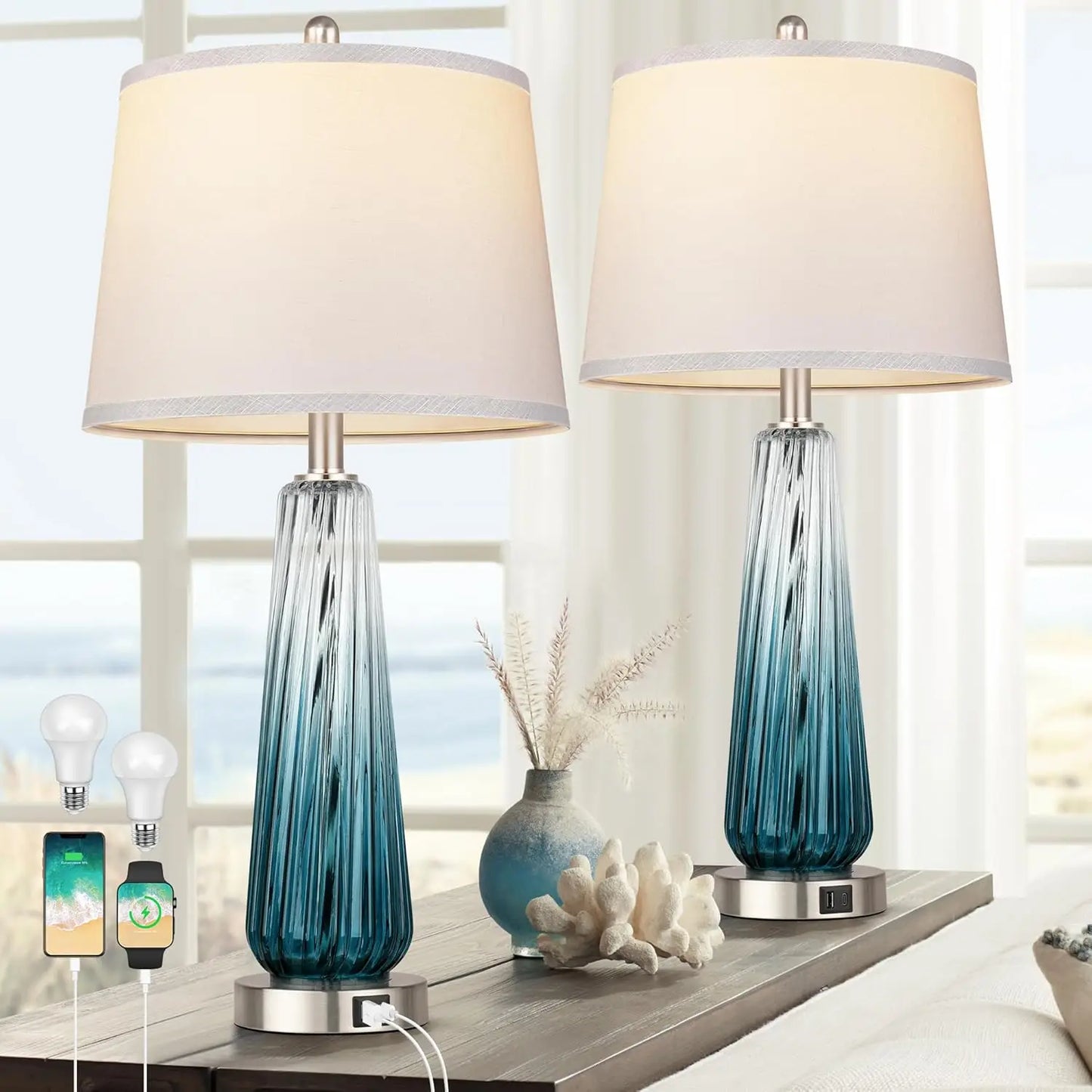Touch Control Glass Table Lamps, Set of 2 with USB A+C Ports, 3-Way Dimmable, White Fabric Shade