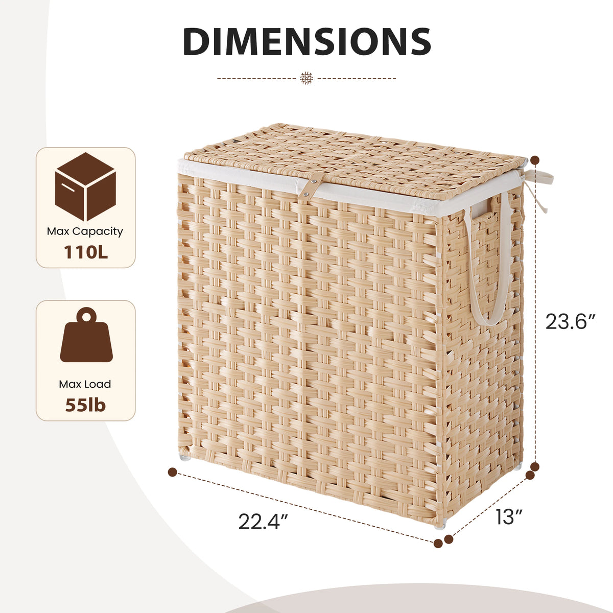 110L Laundry Basket with Lid, Foldable Wicker Laundry Hampers with Side Handles, Removable Liner, Rattan Laundry Basket with Sturdy Steel Frame