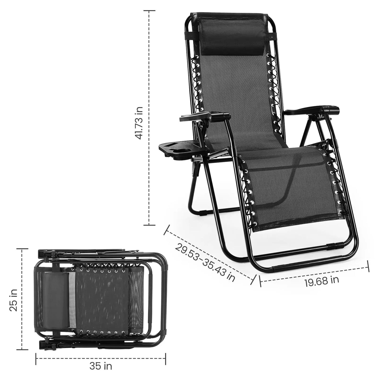 Zero Gravity Set of 2 Portable Recliner Lounge Chair with Cup Holder , Adjustable Trays and Pillow