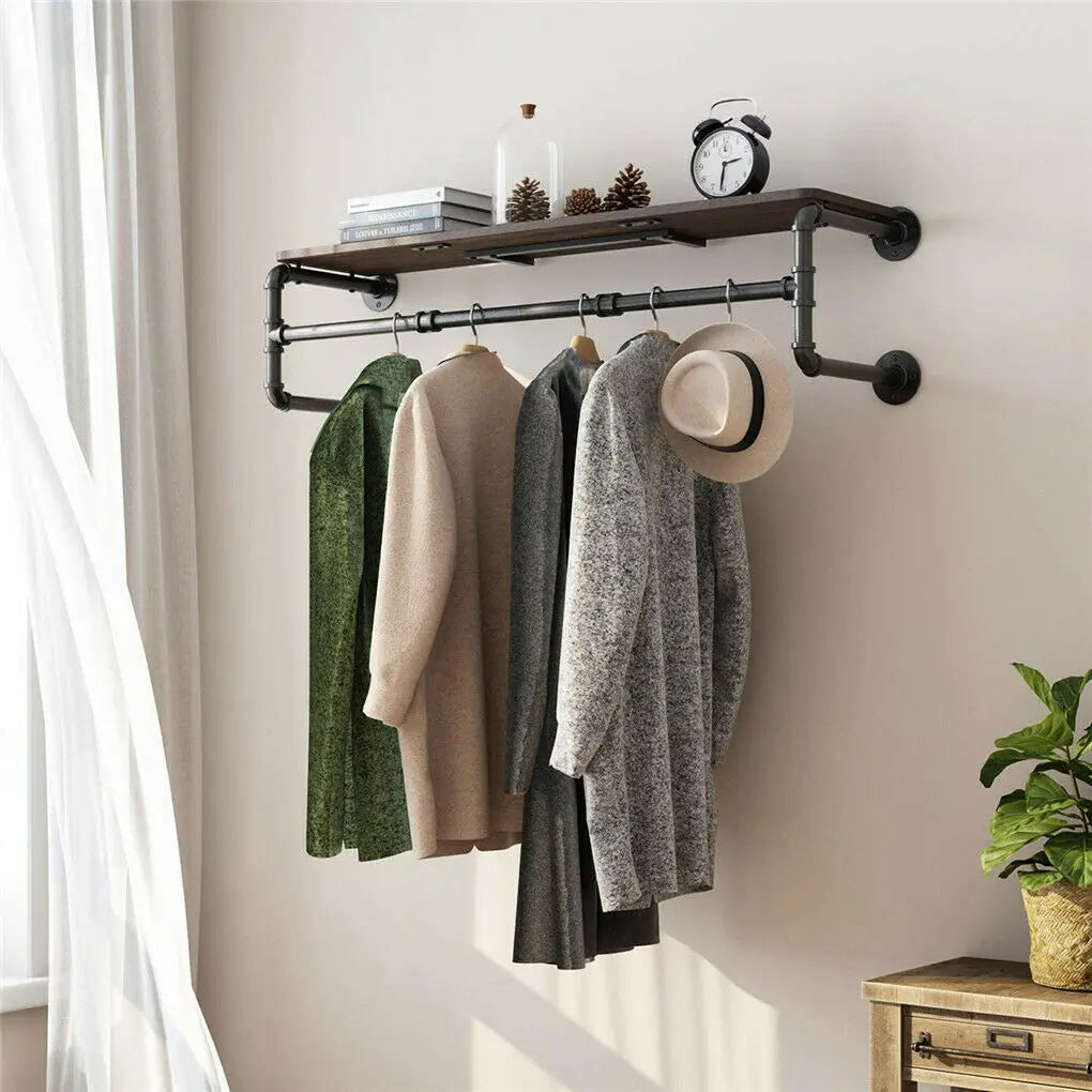 Industrial Pipe Clothing Rack, Wall Mounted Wood Shelf, Pipe Shelving