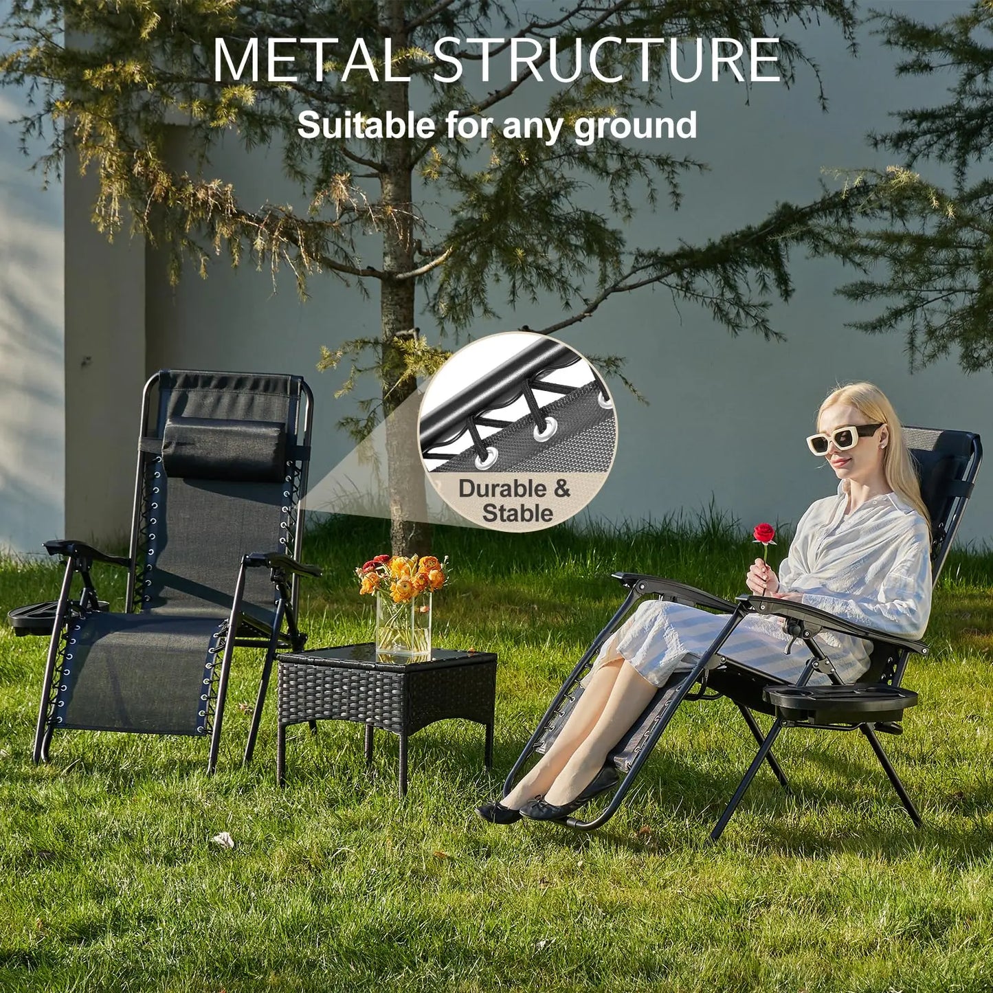 Zero Gravity Set of 2 Portable Recliner Lounge Chair with Cup Holder , Adjustable Trays and Pillow