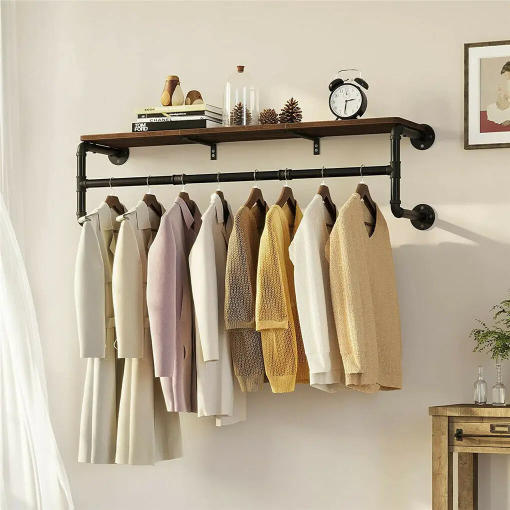 Industrial Pipe Clothing Rack, Wall Mounted Wood Shelf, Pipe Shelving