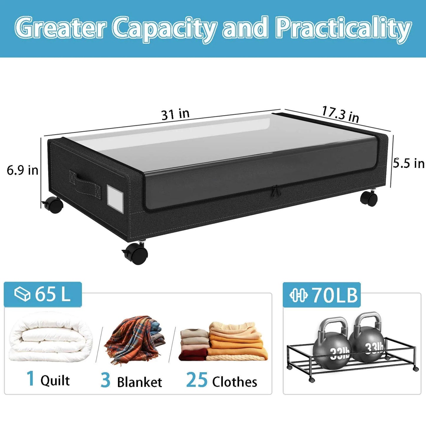 Under Bed Storage With Wheels, 2-Pack 48L Each With Clear Lids & Label,