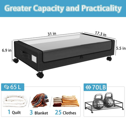 Under Bed Storage With Wheels, 2-Pack 48L Each With Clear Lids & Label,