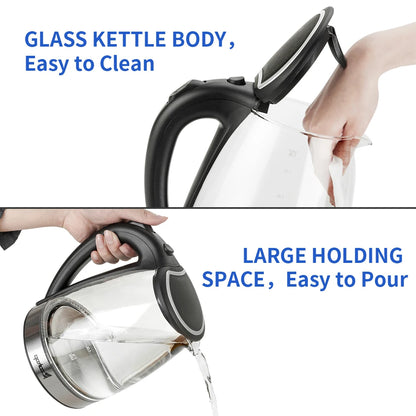 110V 1200W 1.8L Electric Glass Kettle, US Plug, Borosilicate Glass, Blue LED Auto Shut Off 360 Rotation Base