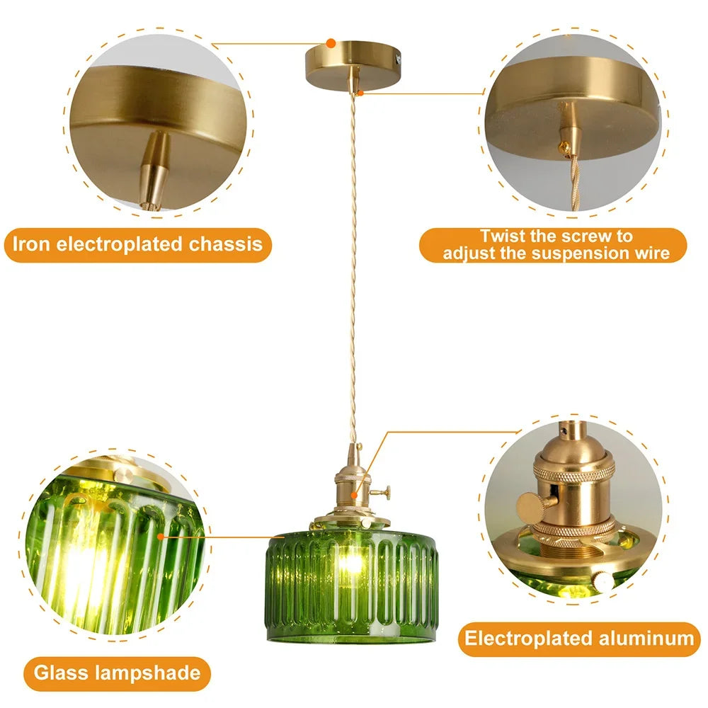 Led Crystal Pendant Light, Green Chandelier Modern Hanging Ceiling Lamp, Retro Home Decor