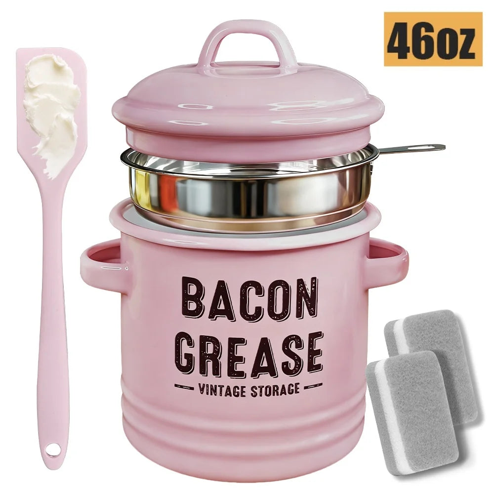 46 Oz Grease Container with Filter, Scraper, Strainer & Silicone Spatula, Dishwasher Safe