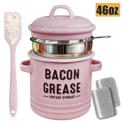 46 Oz Grease Container with Filter, Scraper, Strainer & Silicone Spatula, Dishwasher Safe
