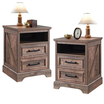 18 Inch Farmhouse Nightstands Set of 2, 2 Drawer Storage & Charging Station