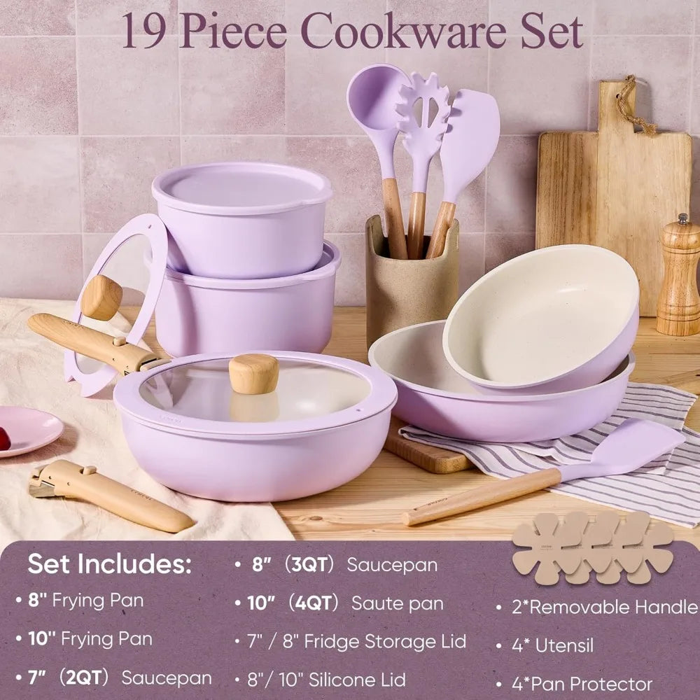 19-Piece Nonstick Cookware Set with Detachable Handles, Space-Saving, Oven & Fridge Safe
