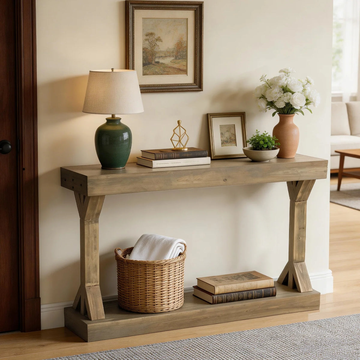 120cm Solid Wood Console Table, Farmhouse Entryway Table, Rectangular Couch Tables, Behind Sofa Accent Tables for Hallway ,Living Room