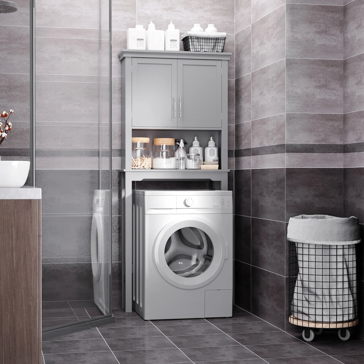 Modern over the Toilet Storage Cabinet, Double Door Bathroom Organizer with Inner Adjustable Shelf and Open Shelf, Grey