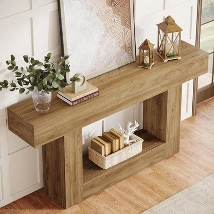 63" Console Table, Farmhouse 2-Tier Entryway Table with U-Shaped Base, Narrow Long Wood Sofa Table, Behind Couch Table